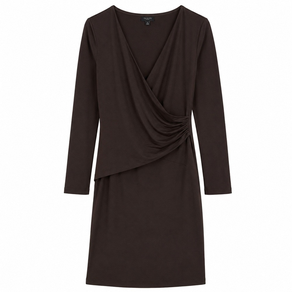 Talbots Brown Long Sleeve Faux Wrap V-Neck Jersey Dress Petite 12P NWT